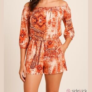 Veronica M Orange Brown Cream Tribal Aztec Smocked 3/4 Sleeve Pocket Romper SZ M